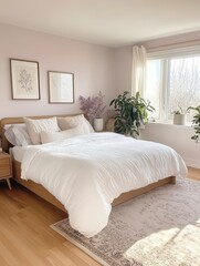 A modern bedroom displaying a clean and spacious aesthetic