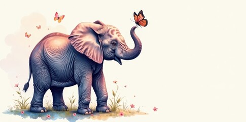 Elegant watercolor elephant with butterfly detail, soft hues, card, pattern