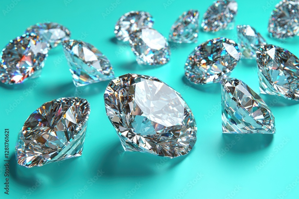 Poster sparkling diamonds on a turquoise surface reflecting light in a captivating display of brilliance an