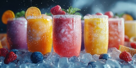 Colorful frozen drinks garnished with fruit and mint served on ice at a summer gathering