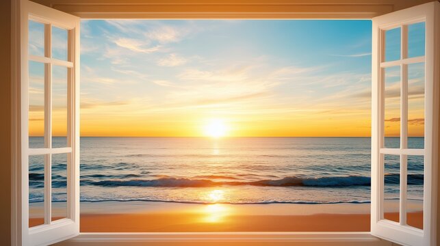 Fototapeta Romantic view of a seaside sunset seen from an open window