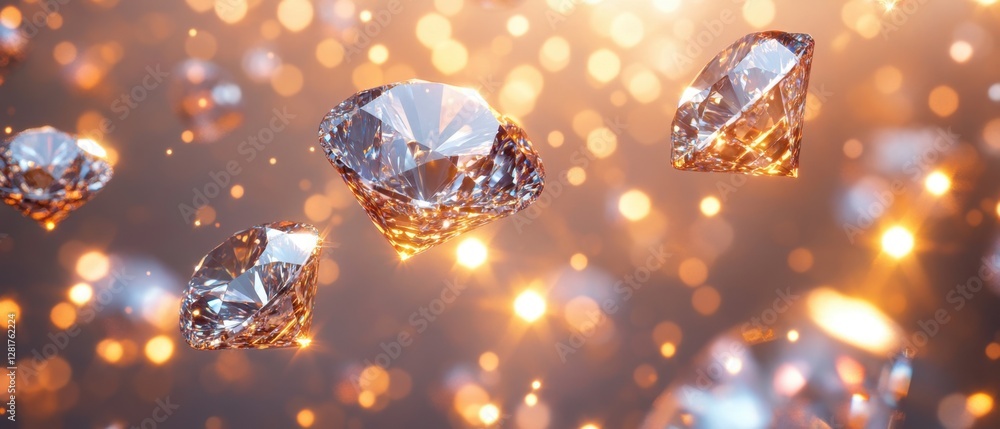 Poster sparkling diamonds floating in a warm bokeh light creating a luxurious and elegant atmosphere for je
