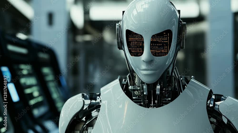 Aufkleber a humanoid robot with glowing eyes and complex circuits stands in a tech driven facility for ai inno