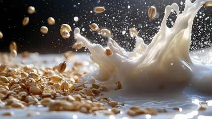 A scoop of barley drops into milk, causing a beautiful fluid motion.