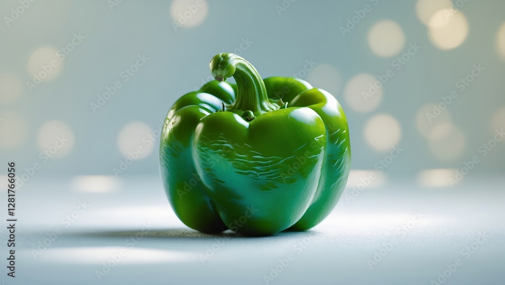 Poster green bell pepper resting on a surface with a soft background blur and light bokeh effect in a studi