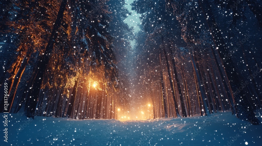 Poster enchanting winter forest scene with snowfall and warm light creating a magical atmosphere and serene