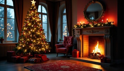 A majestic Christmas tree beside a decorated fireplace, creating a warm festive scene, cozy, season, vintage