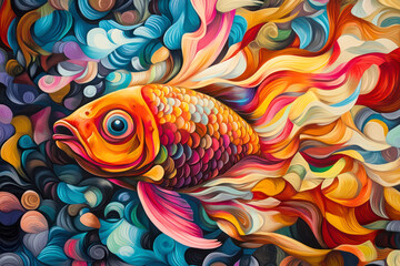 Vibrant Abstract Goldfish in a Surreal Ocean