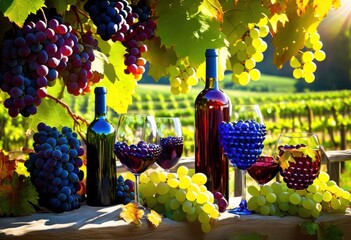 Fototapeta premium vibrant vineyard backdrop featuring colorful bottles glasses capturing lush green vines grapes under bright blue skies artistic display, wine, nature