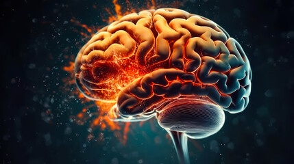 Obraz premium 3D Illustration of Human Brain Experiencing Injury and Damage with Visible Hemorrhage and Glowing Effect