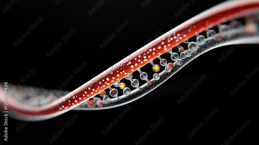 Poster close-up view of dna helix structure on dark background with bubbles