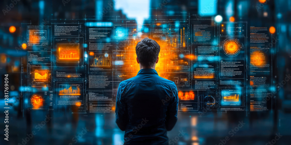 Poster person analyzing digital data on futuristic touchscreen interface in urban environment with technolo