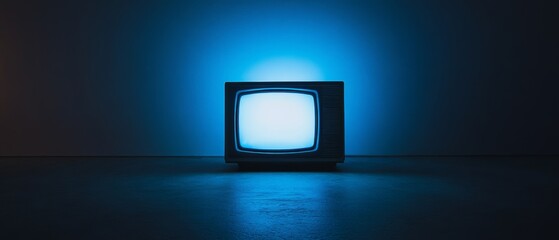 A television set emits a blue hue in a stark room, creating a sense of solitude and reflection amid the calm, electronic glow and minimalist setting.