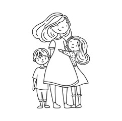 Mother is hugging daughter and son. Mother's Day, birthdays, family care.