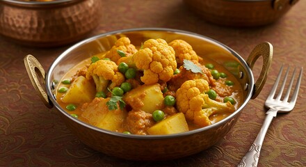 Delicious Cauliflower Potato Curry with Peas in an Authentic Bowl