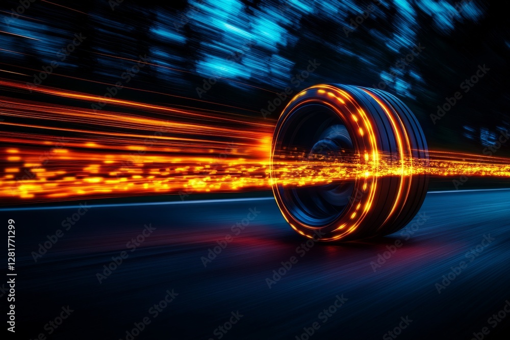 Poster dynamic tire spinning on a dark road with glowing trails showcasing impressive speed and motion effe