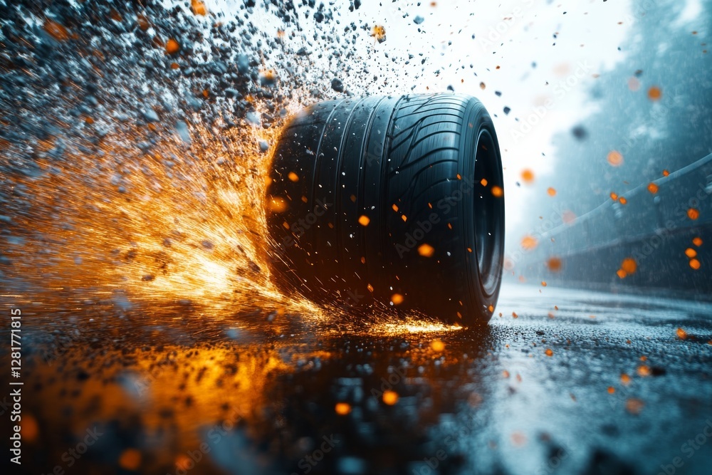 Poster racing tire spins on wet pavement creating sparks and splashes during a high-speed maneuver in a dra