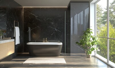 Modern black marble bathroom shower with scenic nature view and large windows. Interior minimalist design, cozy shower bath