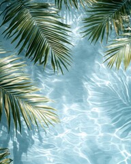 Tropical Palm Leaves Floating on Clear Blue Water Surface with Sun Reflections Creating a Serene Summer Mood
