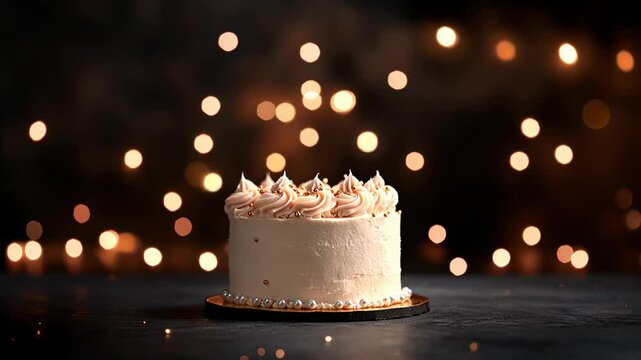 Elegant cake surrounded by soft glowing lights creates festive atmosphere