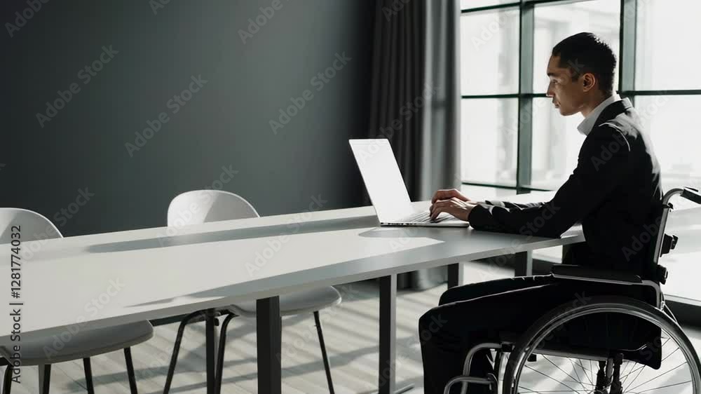 Poster professional businessman navigating workplace challenges, working efficiently on laptop while seated