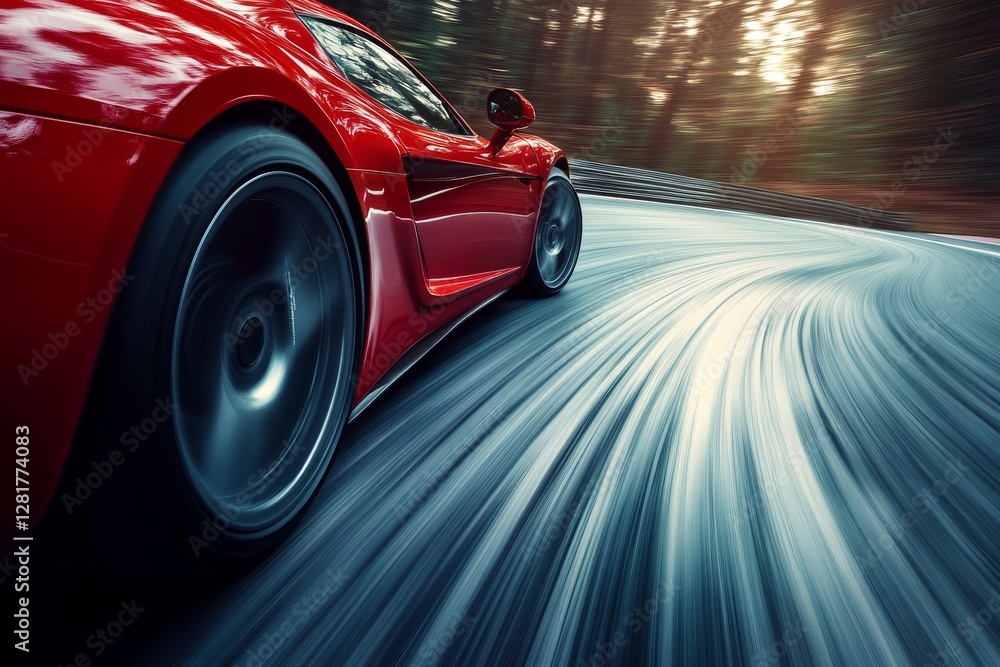 Poster fast red sports car racing around a winding track surrounded by trees in a dynamic motion blur