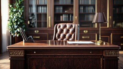 Elegant Mahogany Executive Office Desk with Leather Chair