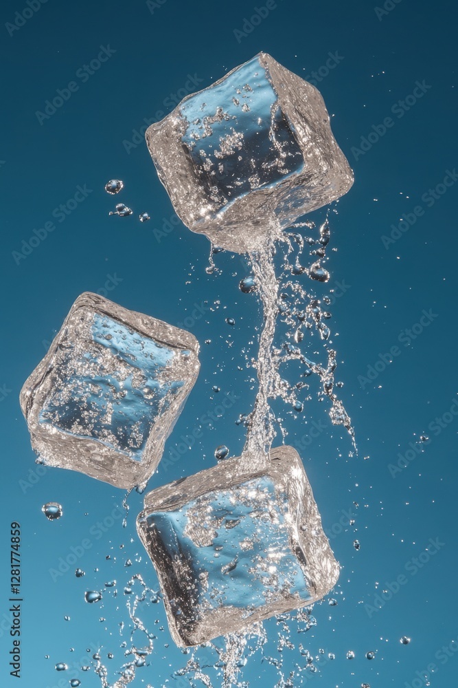 Poster three ice cubes suspended in motion with water droplets against a vibrant blue background creating a