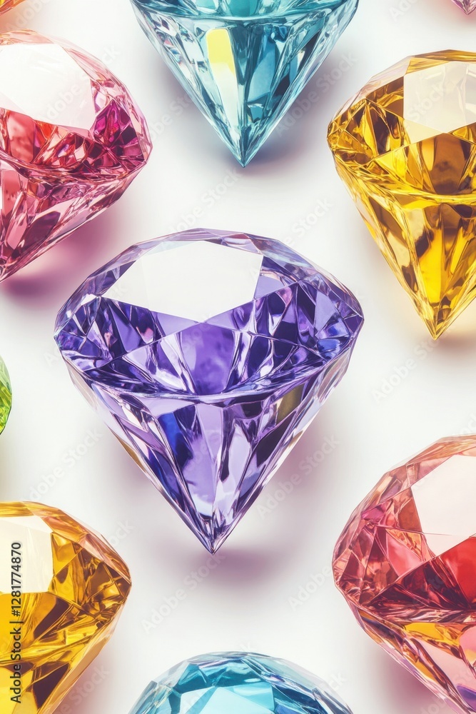 Poster colorful diamonds on a white background creating a vibrant pattern showcasing luxury and wealth in a