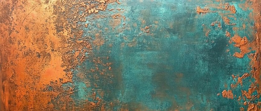 Abstract grunge rusty copper bronze metal patina texture background with copy space. Brown, orange, green, vibrant pattern wallpaper