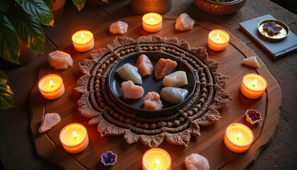 A serene setup with lit candles and crystals arranged in a circular pattern for meditation. Perfect for promoting mindfulness and mental wellness on World Health Day.