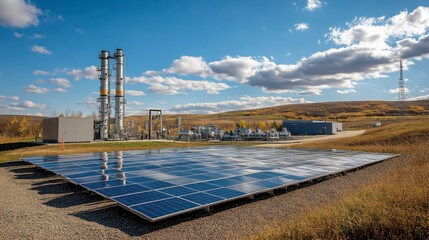 Solar panels integrated with a natural gas facility, representing the harmonious use of renewable and alternative energy sources.