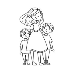 Mother is hugging two sons. Mother's Day, birthdays, family care.