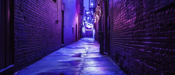 A narrow alleyway illuminated by vibrant purple and blue neon lights, evoking a sense of mystery and nighttime adventure in the urban landscape.