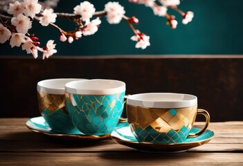 Fototapeta premium dynamic duo coffee cups showcasing unique styles intriguing designs beautiful colors creative textures, barista, beverage, brown, ceramic, collection