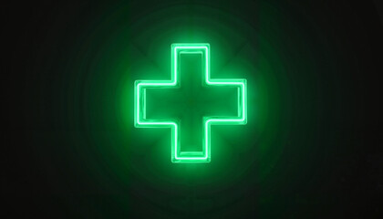A vibrant neon green cross symbol glowing against a dark background, representing health, wellness, and accessibility to healthcare. Ideal for promoting health services and awareness campaigns.