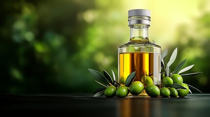 Glass bottle filled with olive oil surrounded by fresh olives and green foliage in soft light