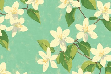 A painting of a tree with white flowers. Vintage floral pattern with small white flowers and leaves on a turquoise background, a seamless vector fabric texture design for textile print