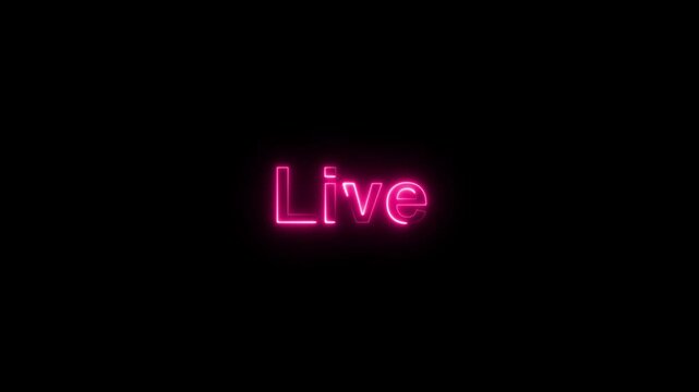 Neon Live text blinking animation on black background. pink live text. 