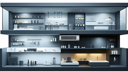 Modern retail store cutaway, showcasing interior design, products, and storage. Ideal for architectural or business publications