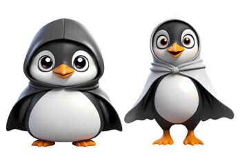 Fototapeta premium 3d rendering cute black and white penguin wearing hooded cloak cartoon characters isolated on transparent background, PNG file add