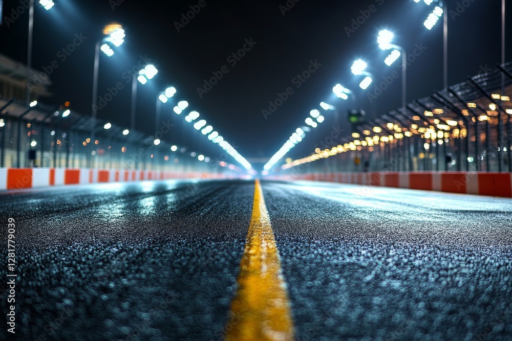 Poster nighttime racing circuit illuminated by bright lights showcasing the empty track in preparation for 