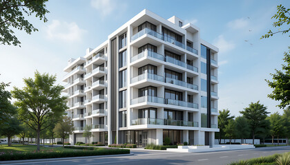 Fototapeta premium Modern Residential Apartment Building with Green Surroundings.