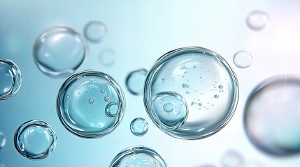 Floating transparent bubbles in soft blue gradient background