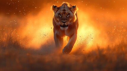 Obraz premium Fierce lioness running towards camera at sunset, dust and fire-like background.