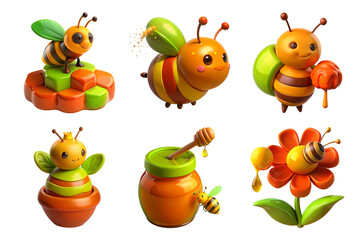 Obraz premium Cute 3d cartoon bees with honey and flowers in vibrant colors