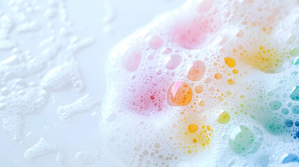 Colorful foam bubbles on white surface, close-up