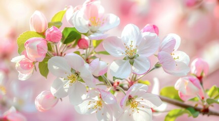 White and pink apple flower twig brunch stem bokeh soft light background springtime