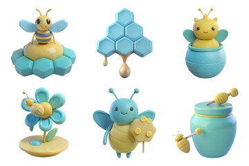 Fototapeta premium Cute 3d bees and honeycomb in colorful, playful design
