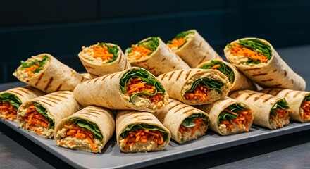 Fototapeta premium Delicious Hummus Wraps with Carrots and Spinach on Serving Tray